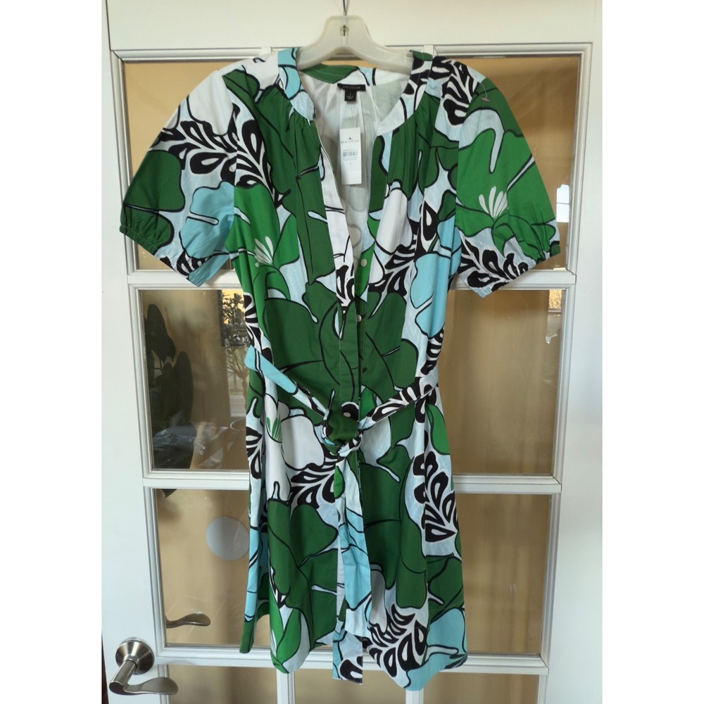 Ann Taylor Tropical Leaf Print Cotton Belted Shirtdress Green Blue 2 NEW 846394